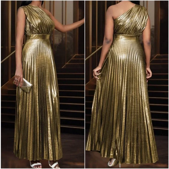 Luxe Metallic Pleated High Waisted Party Formal Wedding Dress - Picture 4 of 6